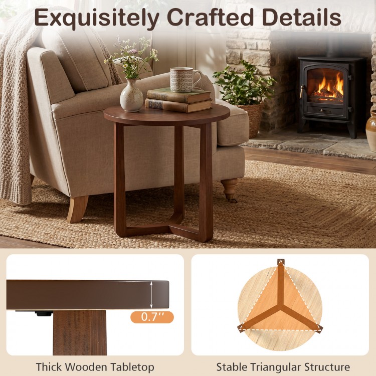 Round side table with a 0.7" thick wooden tabletop and sturdy rubber wood legs, perfect for rustic farmhouse interiors.