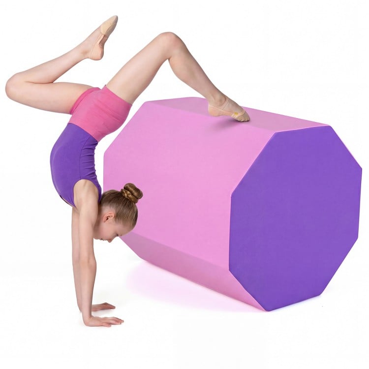 Octagon tumbling mat in pink and purple, 22.5" x 26", ideal for gymnastics and cheerleading practice.
