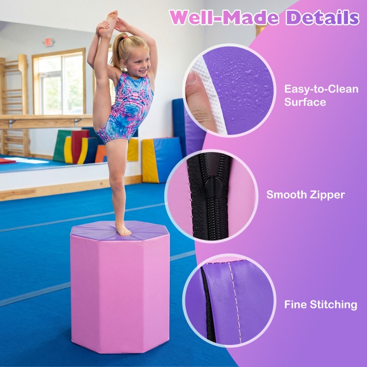 Pink octagon tumbling mat with zippered cover, featuring easy-to-clean surface and smooth zipper for gymnastics.