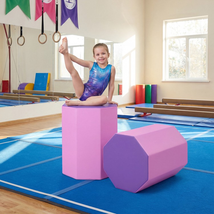 Octagon tumbling mat in pink with thick foam, ideal for gymnastics and cheerleading practice, featuring a zippered.