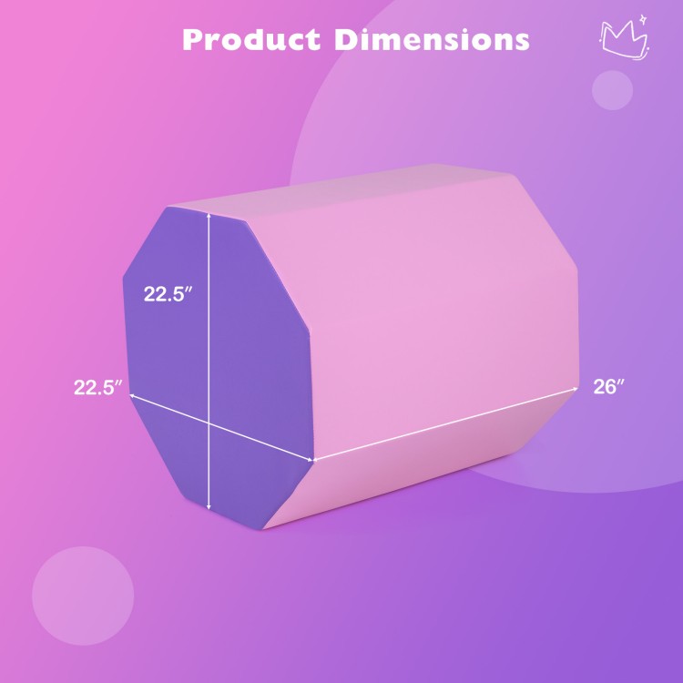 Octagon tumbling mat dimensions: 22.5" x 26", pink with zippered cover, ideal for gymnastics and fitness routines.