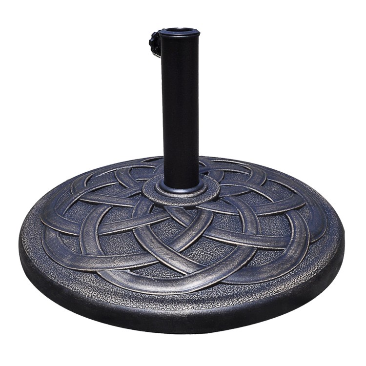 Heavy duty 22-inch round umbrella base stand with decorative bronze finish, designed for stability and rust resistance.