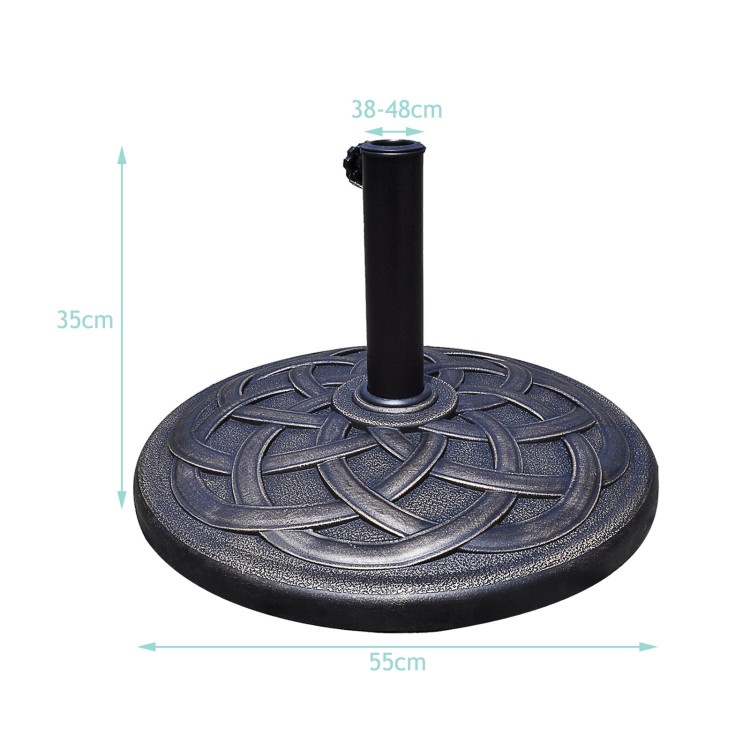 Heavy duty 22-inch round umbrella base stand with decorative bronze finish, rust-resistant resin and steel construction.