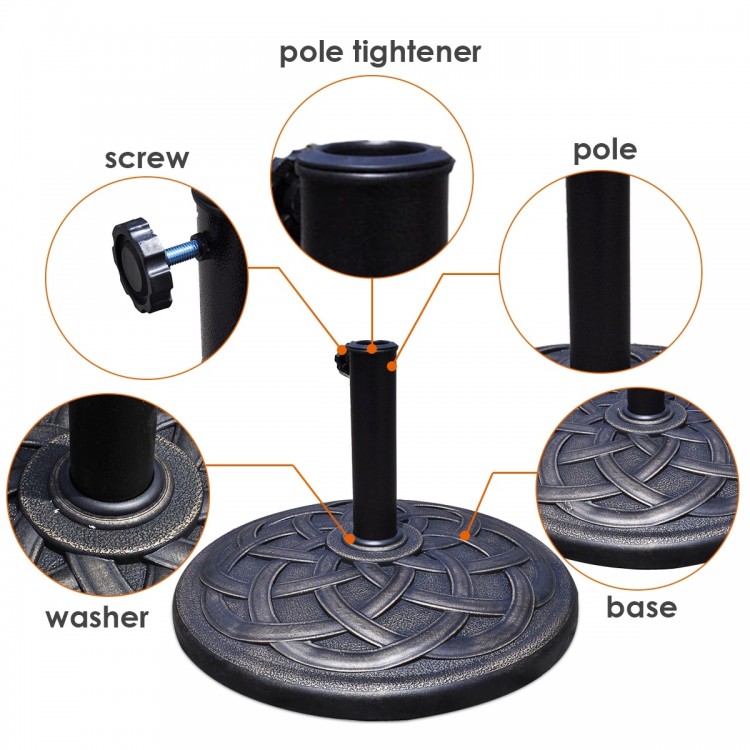 Heavy-duty 22-inch round umbrella base stand with decorative bronze finish and steel pole for secure support.