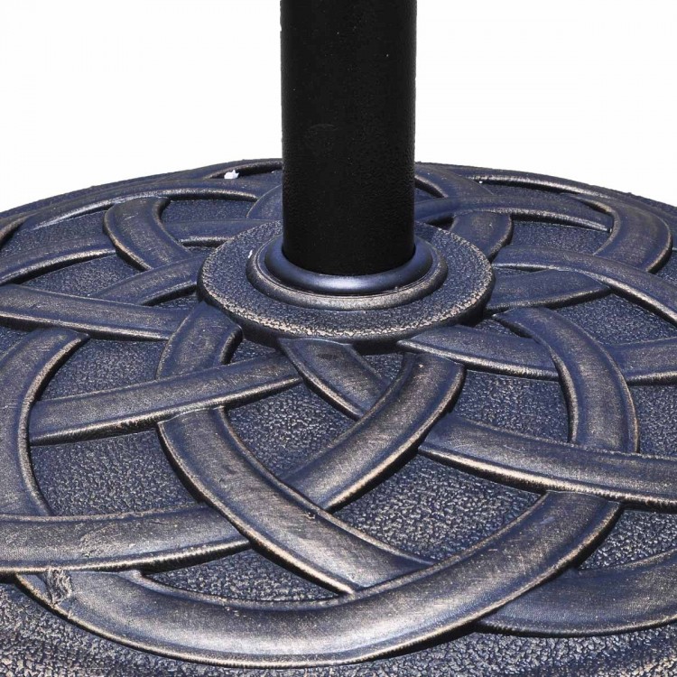 Heavy-duty 22-inch round umbrella base stand with decorative bronze finish and steel upright for secure support.
