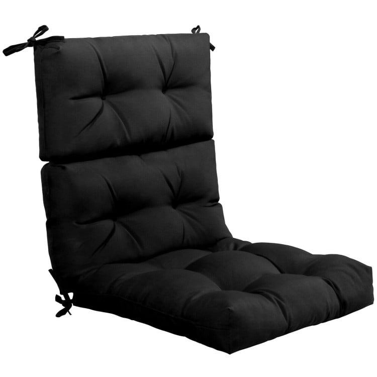 Tufted black outdoor patio chair cushion with string ties, made from premium sponge and suede for comfort and stability.