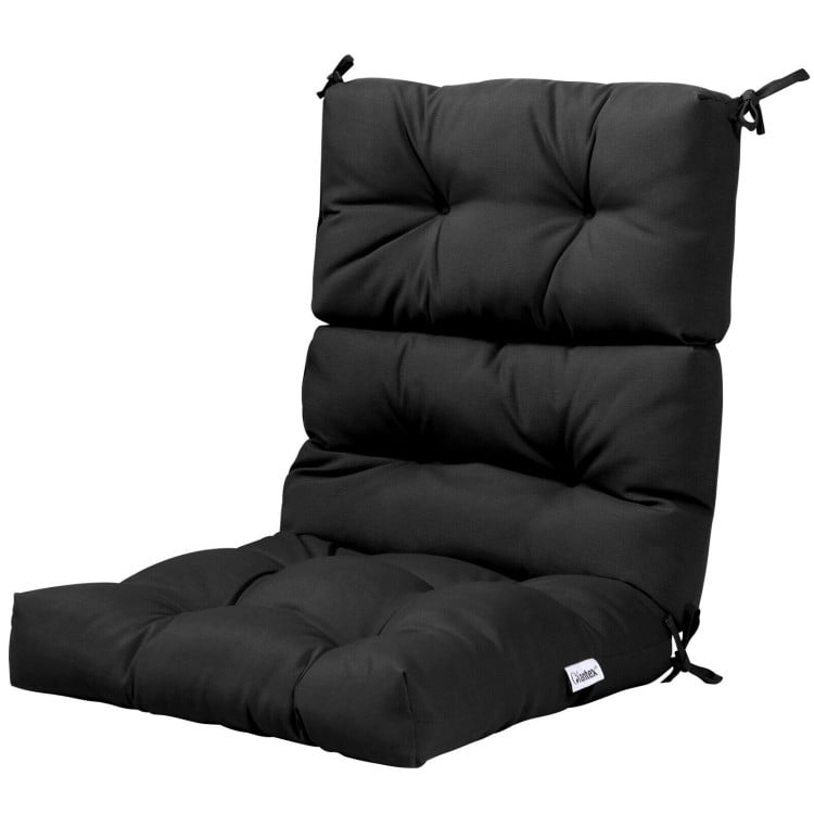 Tufted black outdoor patio chair cushion with ties, made of premium sponge and suede for comfort and stability.
