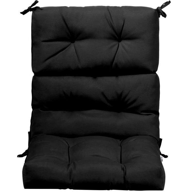Tufted black patio chair cushion featuring a three-fold design for versatile placement and soft sponge for comfort.