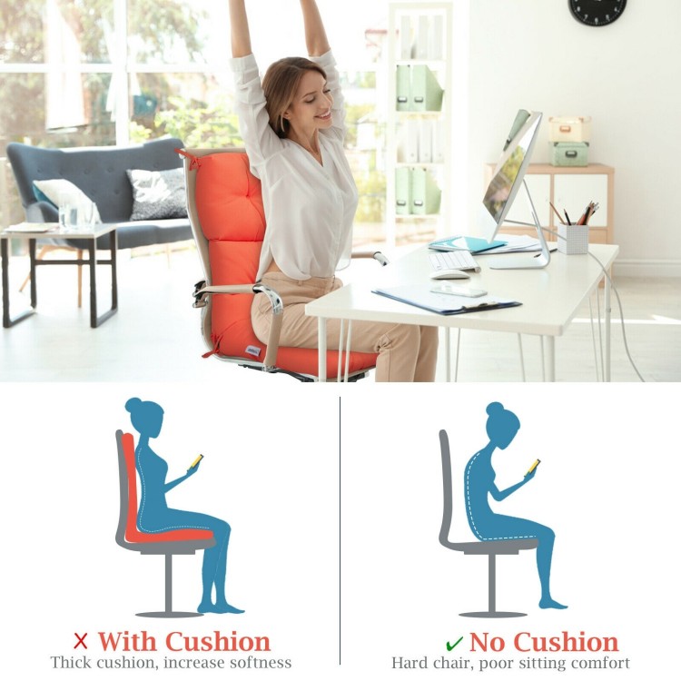 Orange tufted outdoor patio chair seating pad with thick sponge for comfort, featuring secure string ties for stability.