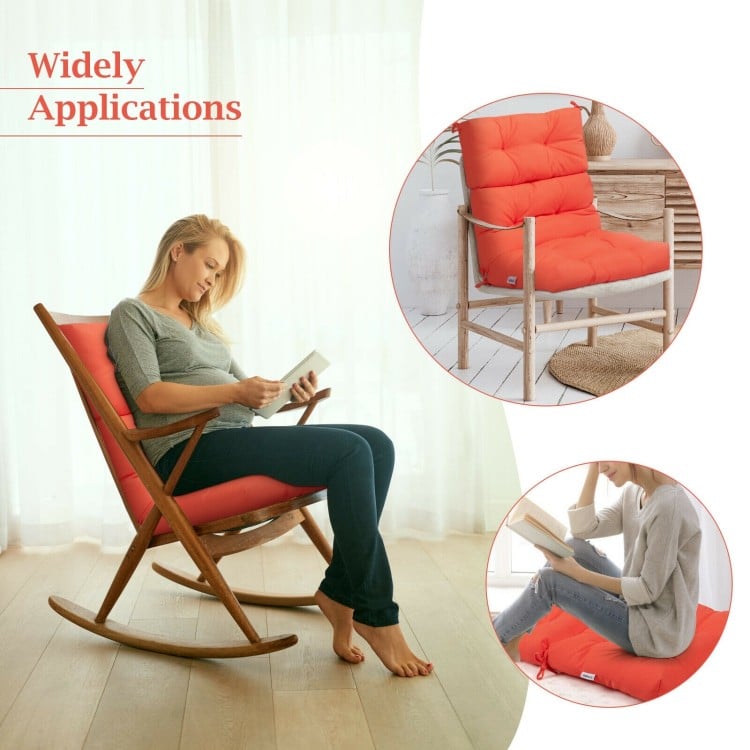 Tufted outdoor patio chair cushion in orange, showcasing a plush suede surface and secure string ties for versatile use.