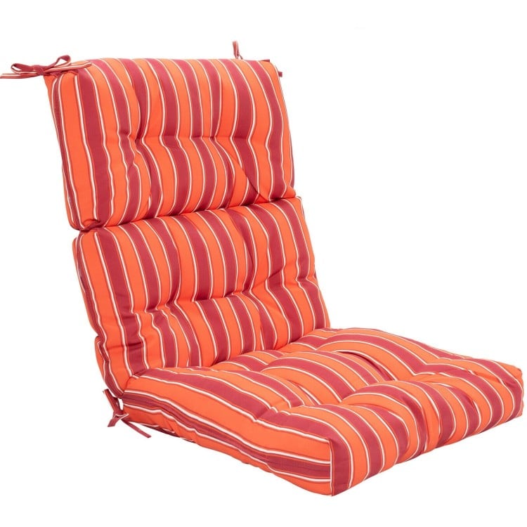 Tufted outdoor patio chair seating pad in red with stripes, featuring premium sponge for comfort and non-slip ties.