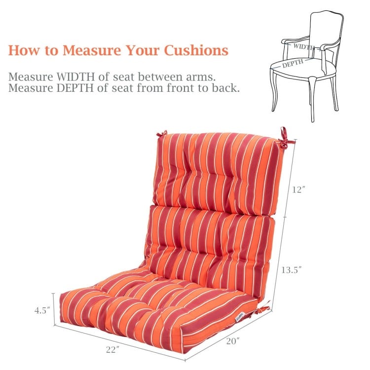 Tufted outdoor patio chair cushion in red, measuring 22 x 44 inches, featuring non-slip ties for secure placement.