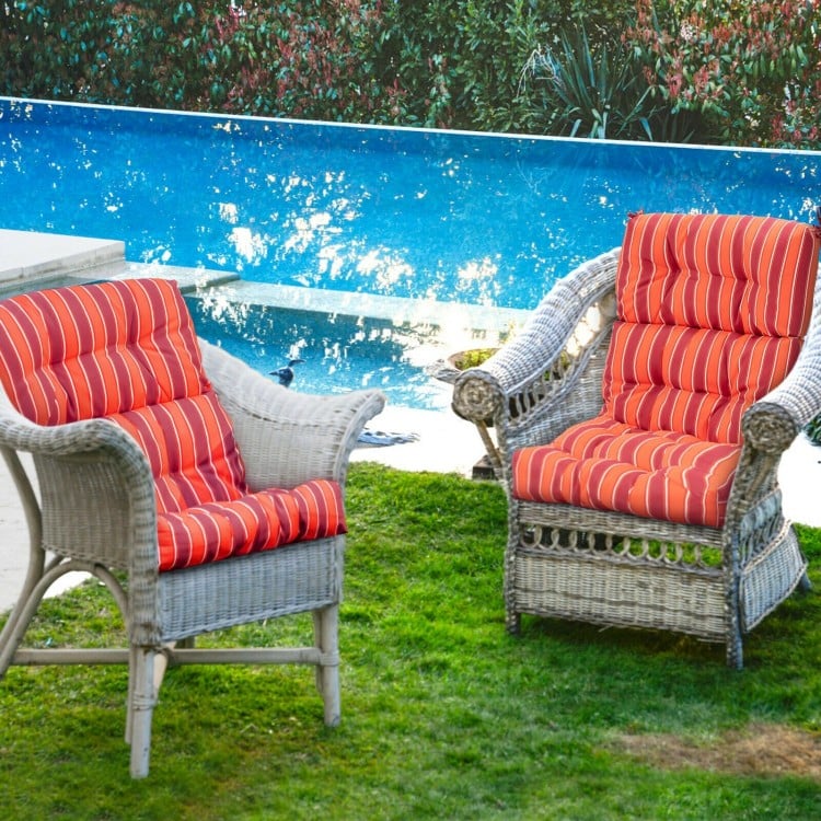 Tufted outdoor patio chair cushion in red with premium sponge, suede surface, and non-slip string ties for comfort.