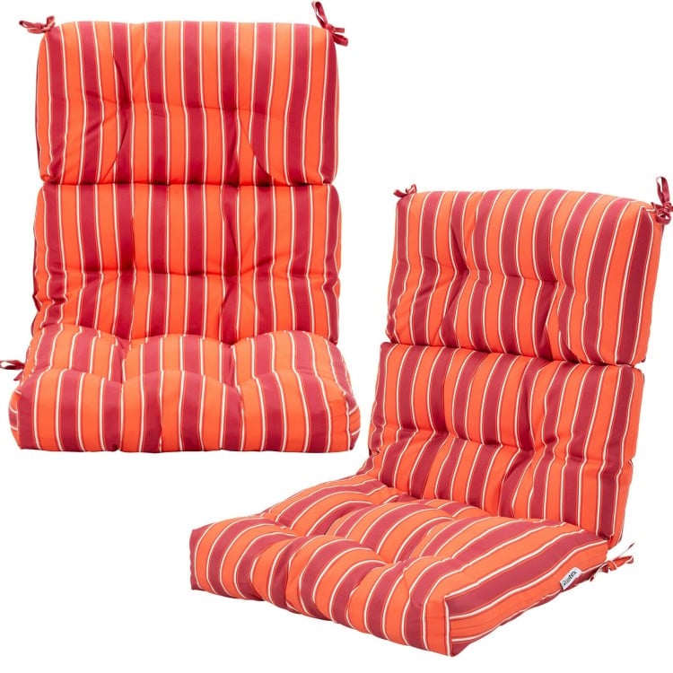 Tufted outdoor patio chair seating pad in red with stripes, featuring premium sponge and suede for comfort and.