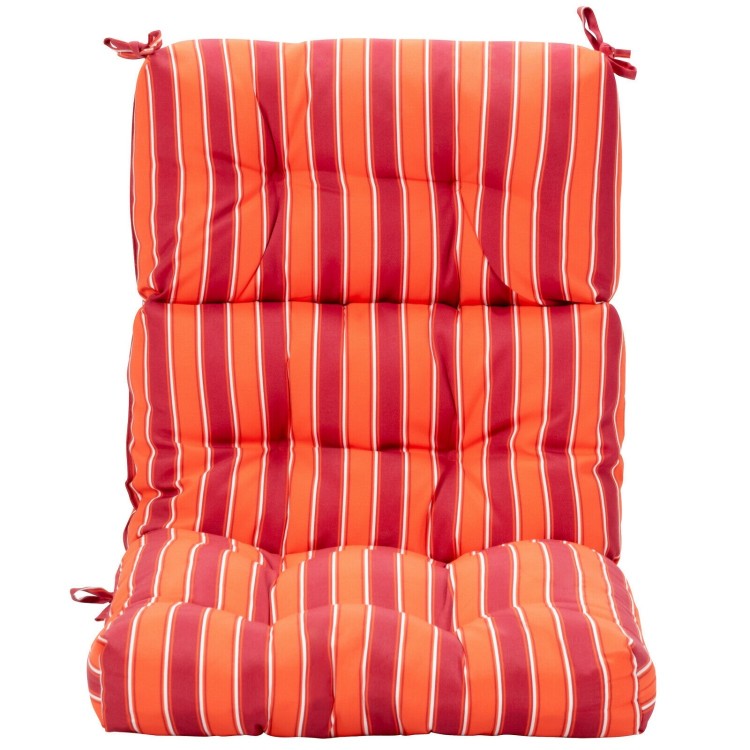 Tufted outdoor patio chair seating pad in red with stripes, featuring premium sponge for comfort and string ties for.