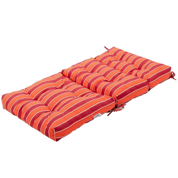 Tufted outdoor patio chair seating pad in red with striped design, featuring ties for secure placement and soft sponge.