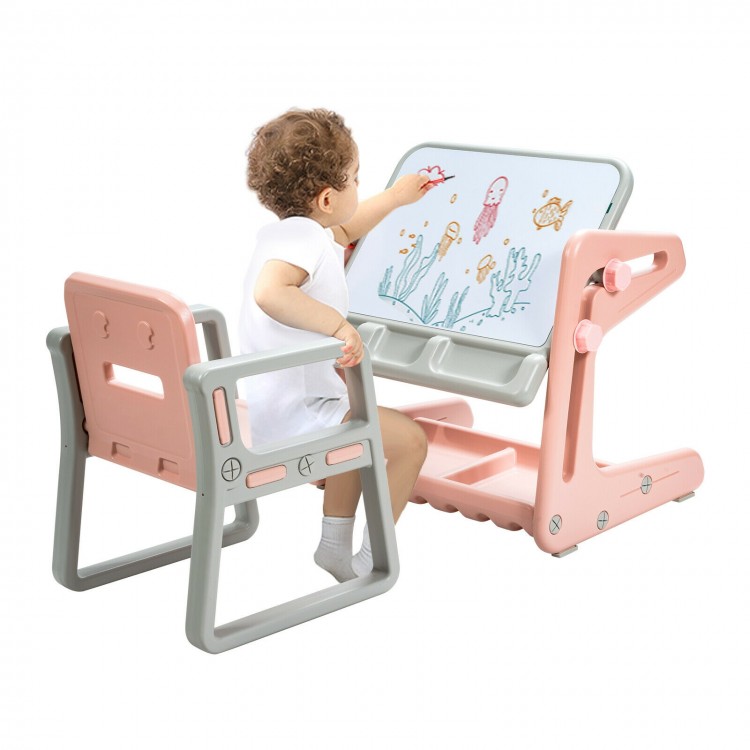 Kids easel table and chair set in pink, featuring an adjustable drawing board for creative play and study.