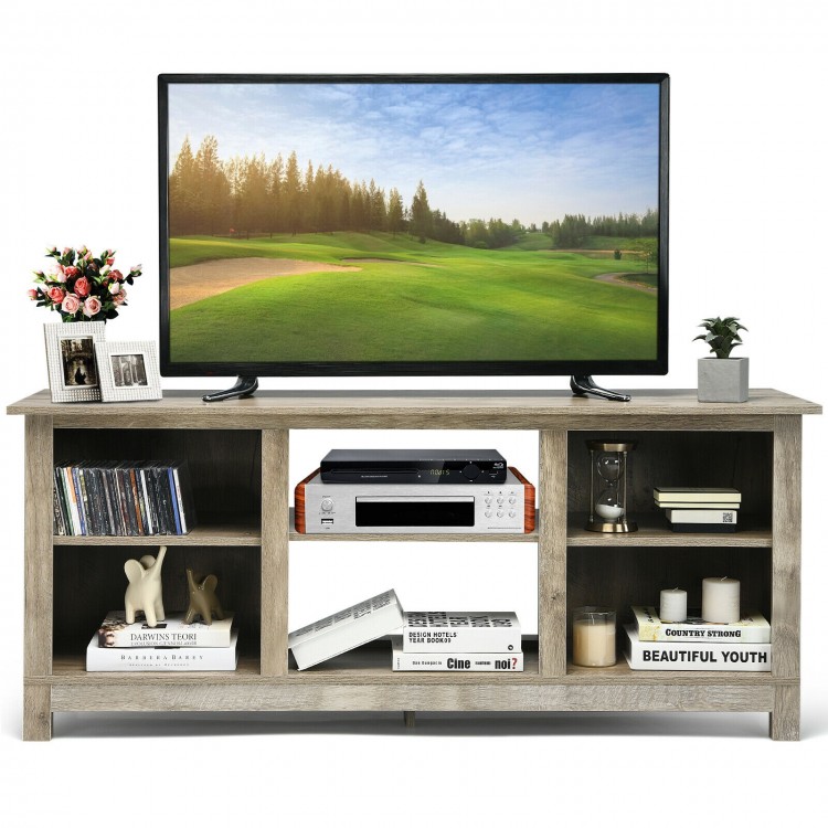 58" gray TV stand with 6 open shelves, designed for stability and storage, perfect for living rooms or bedrooms.