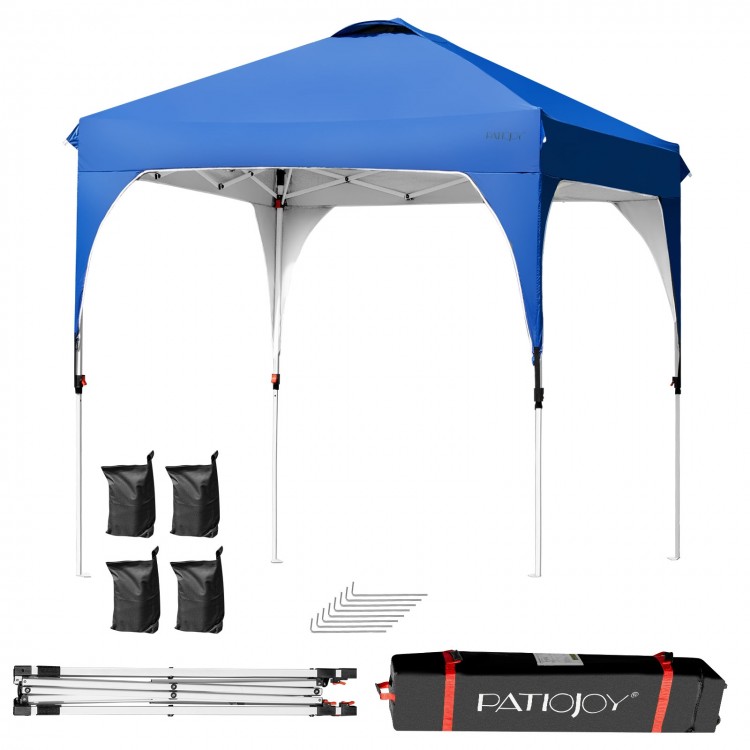 Blue 6.6 x 6.6 FT pop-up canopy tent with adjustable height, heavy-duty frame, and portable roller bag for outdoor use.