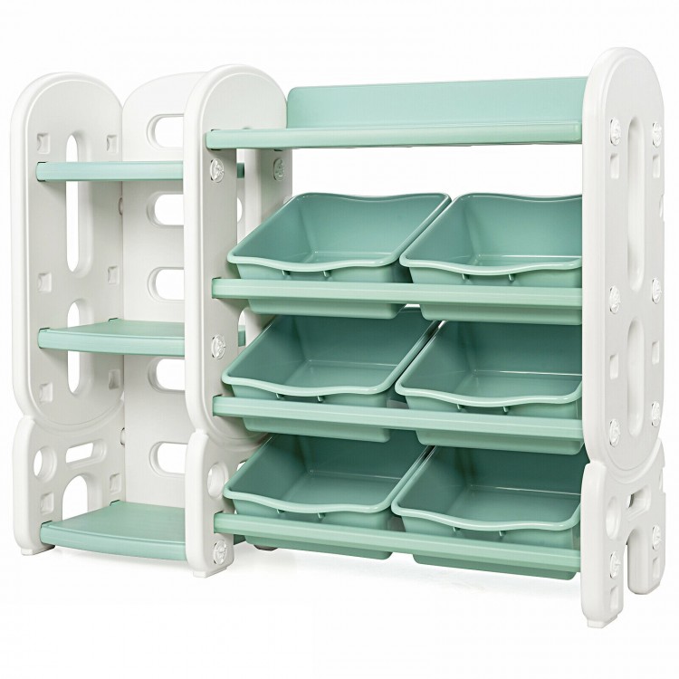 Kids toy storage organizer with 6 bins and multi-layer shelf in green, perfect for bedroom or playroom organization.