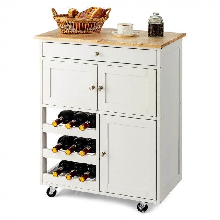 Side view of a kitchen cart with a rubber wood top, showcasing 3-tier wine racks and two cabinets for organized storage.