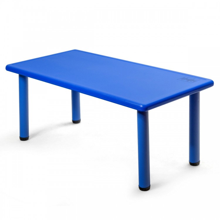 Blue kids' rectangular plastic table with reinforced steel legs, ideal for daycares and home use, suitable for indoor.
