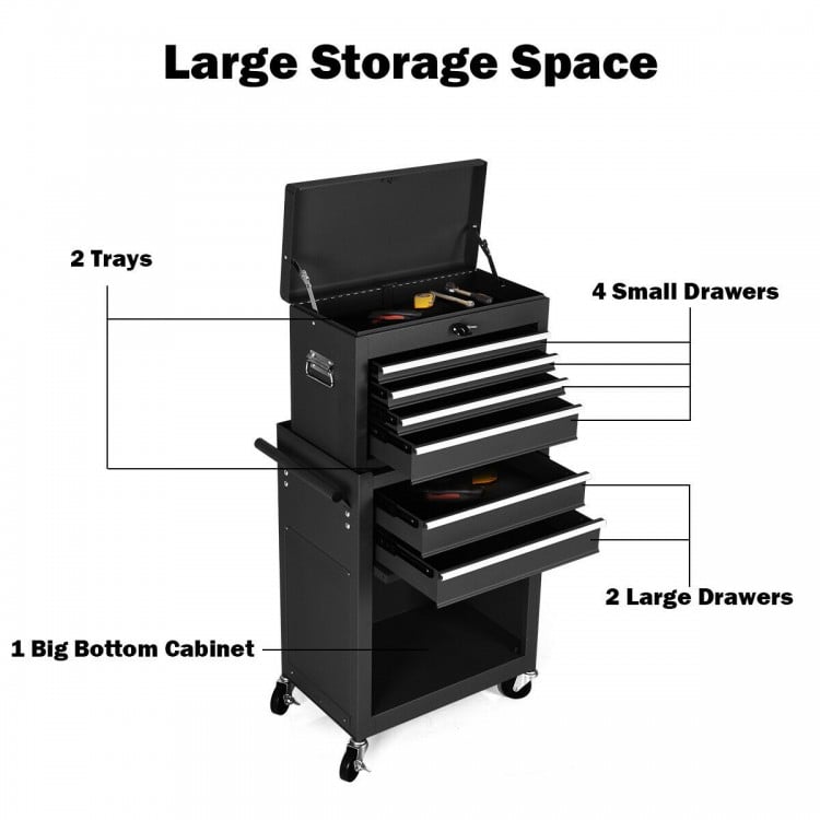 Rolling cabinet storage chest in black with 4 small drawers, 2 large drawers, and a spacious bottom cabinet for garage.