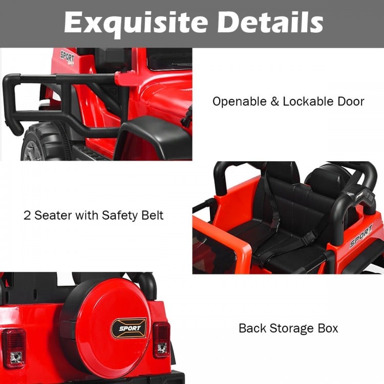 Close-up of the 12V red ride-on car's openable door, 2-seater design with safety belt, and back storage box.
