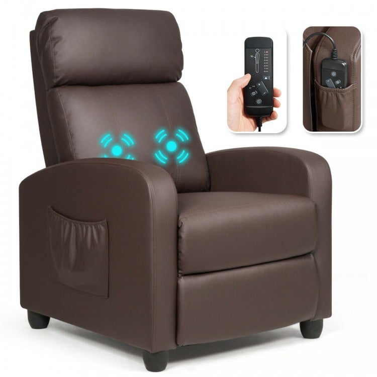 Brown recliner sofa wingback chair with massage function, remote control, and side pocket for convenient storage.