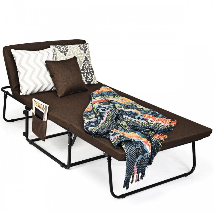 Brown folding guest sleeper bed featuring a foldable design, 4 lockable wheels for easy transport, and side pocket for.