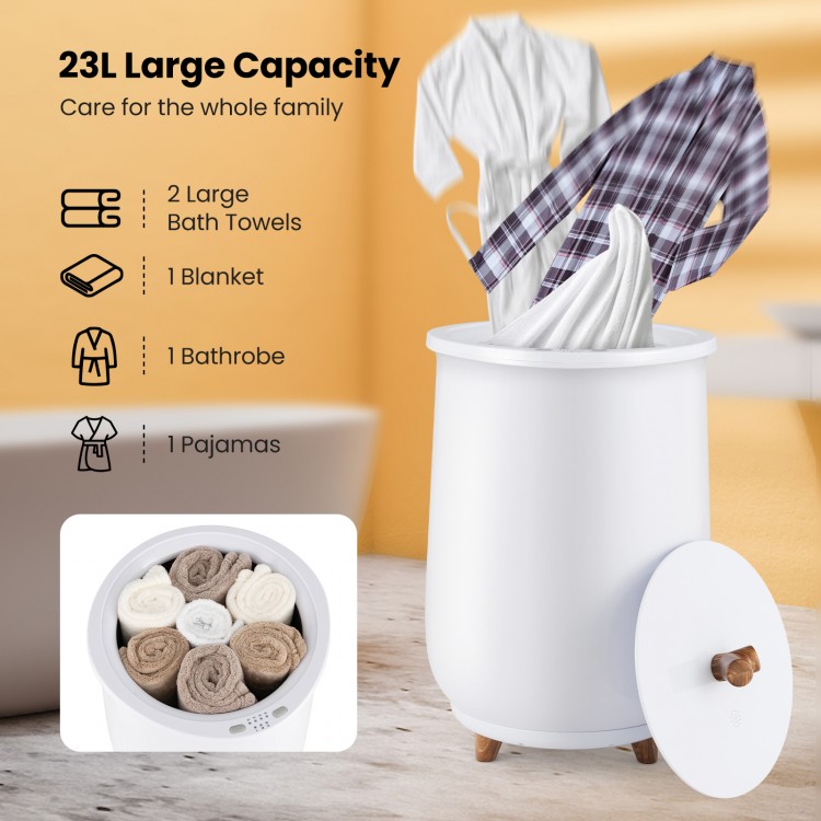 Large white 23L towel warmer with fragrant disc holder, showcasing towels and a bathrobe for family care and comfort.