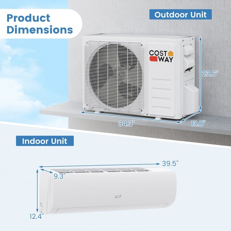 EchoCool Series 23000 BTU mini split air conditioner and heater pump system with outdoor and indoor unit dimensions.