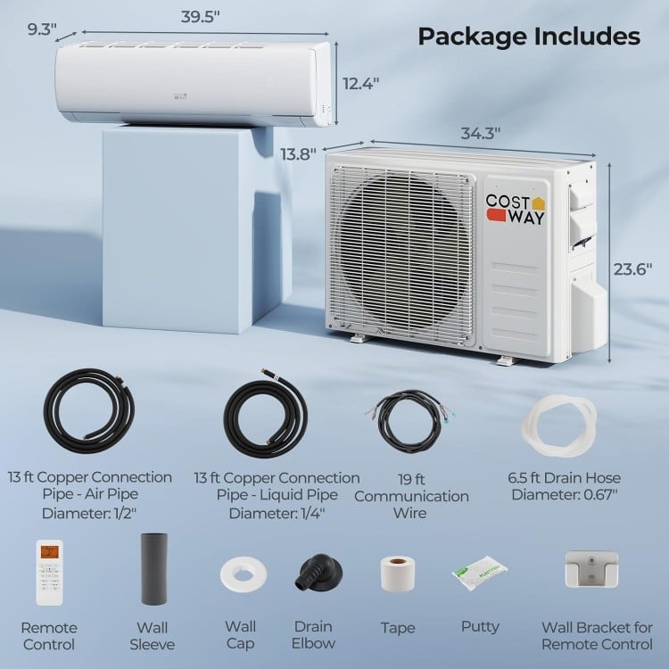 EchoCool Series 23000 BTU mini split air conditioner and heater pump system with remote control and installation.