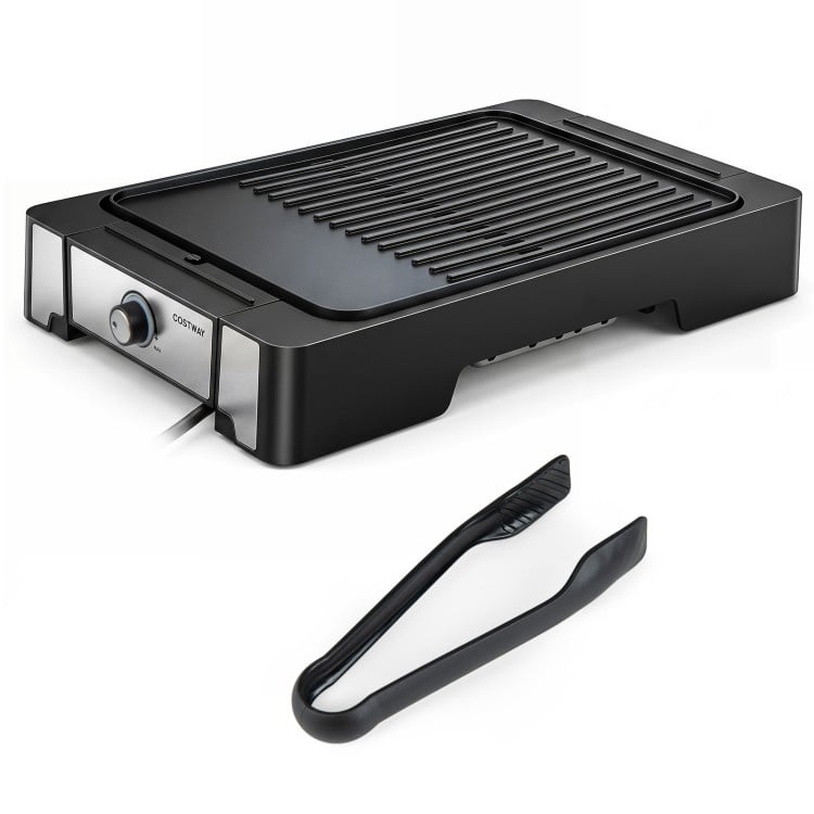 Electric griddle with nonstick die cast aluminum surface, ideal for grilling and cooking pancakes, perfect for family meals.