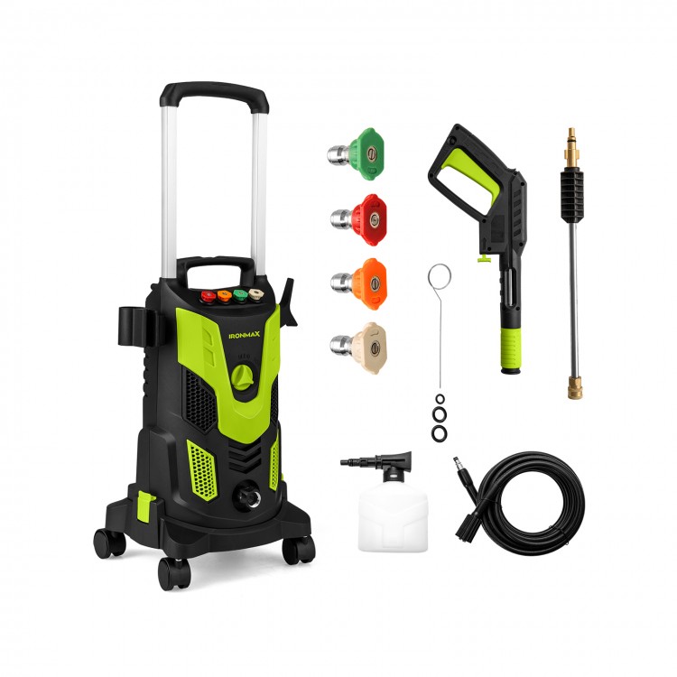 Electric high pressure power washer with 2300 PSI, foam spray, and four nozzles for versatile cleaning tasks.