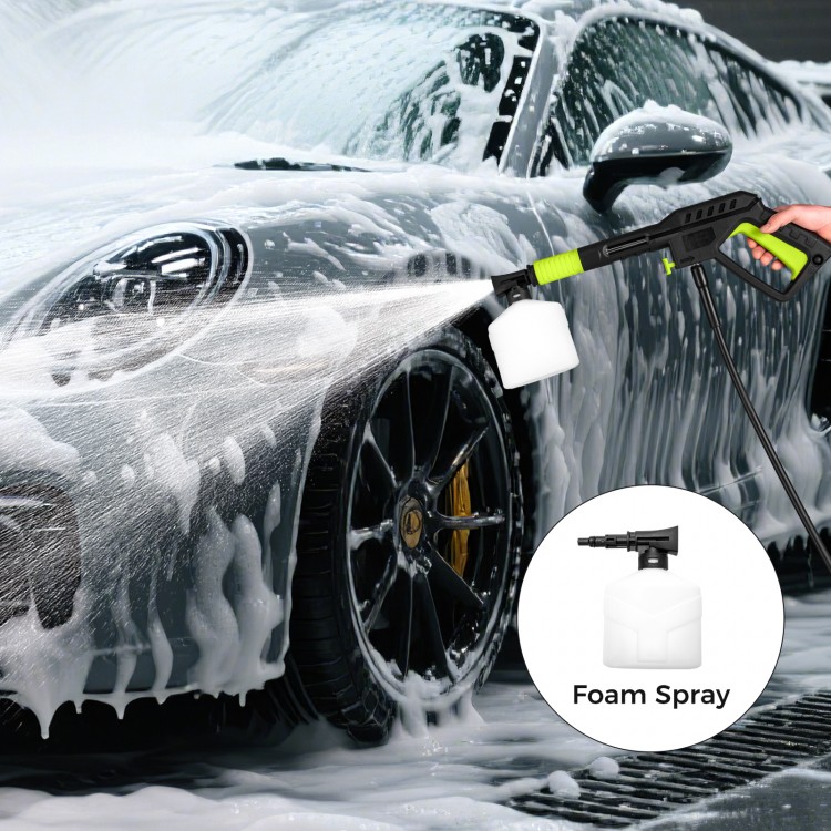 High-pressure power washer with foam spray attachment, ideal for stubborn stains on various surfaces.