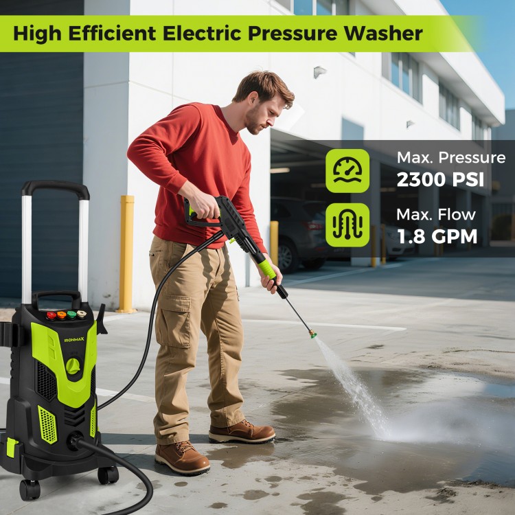 Electric pressure washer with 2300 PSI, foam spray, and quick connect nozzles for effective cleaning of various.