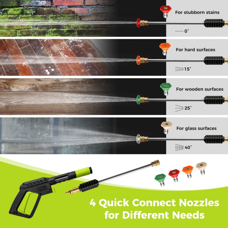 High pressure power washer with 4 quick connect nozzles for versatile cleaning on stubborn stains and various surfaces.