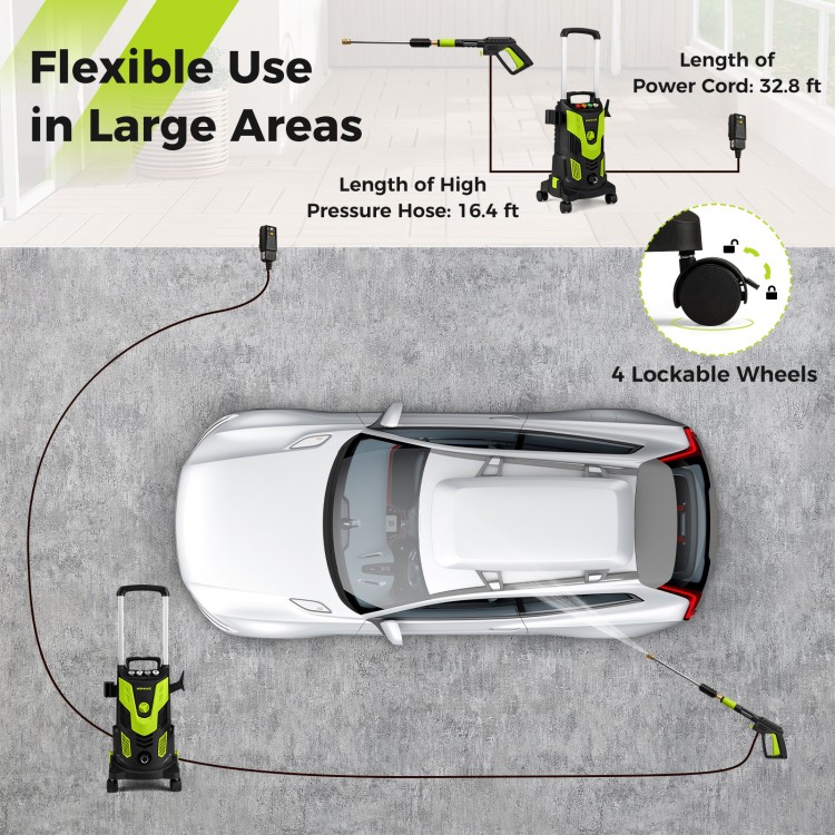 Electric high pressure power washer with 2300 PSI, 4 quick connect nozzles, and lockable wheels for easy mobility.