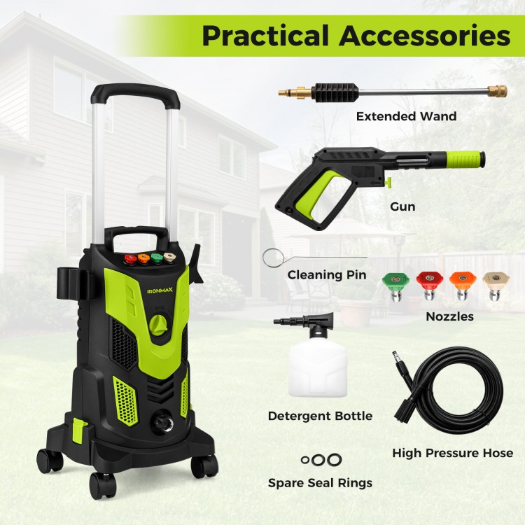 2300 PSI electric high pressure washer with foam spray, 4 nozzles, and practical accessories for versatile cleaning.