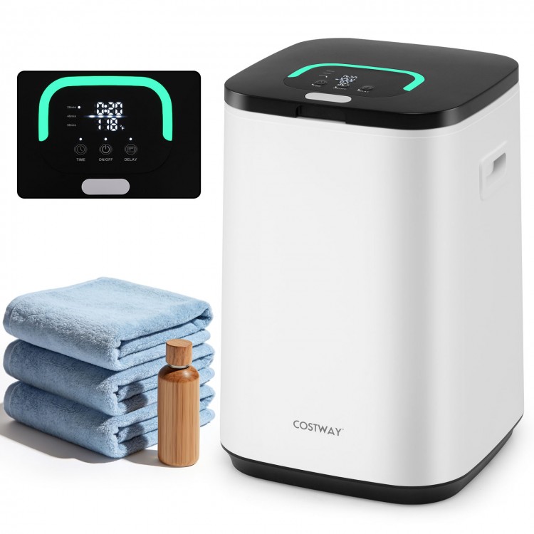 23L large hot towel heater in white with adjustable timer, rapid heating, and LED indicator for safe use.