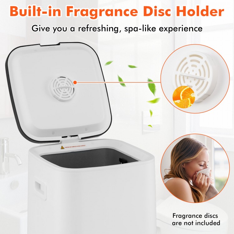 Large white hot towel heater with built-in fragrance disc holder for a spa-like experience and customizable heating.