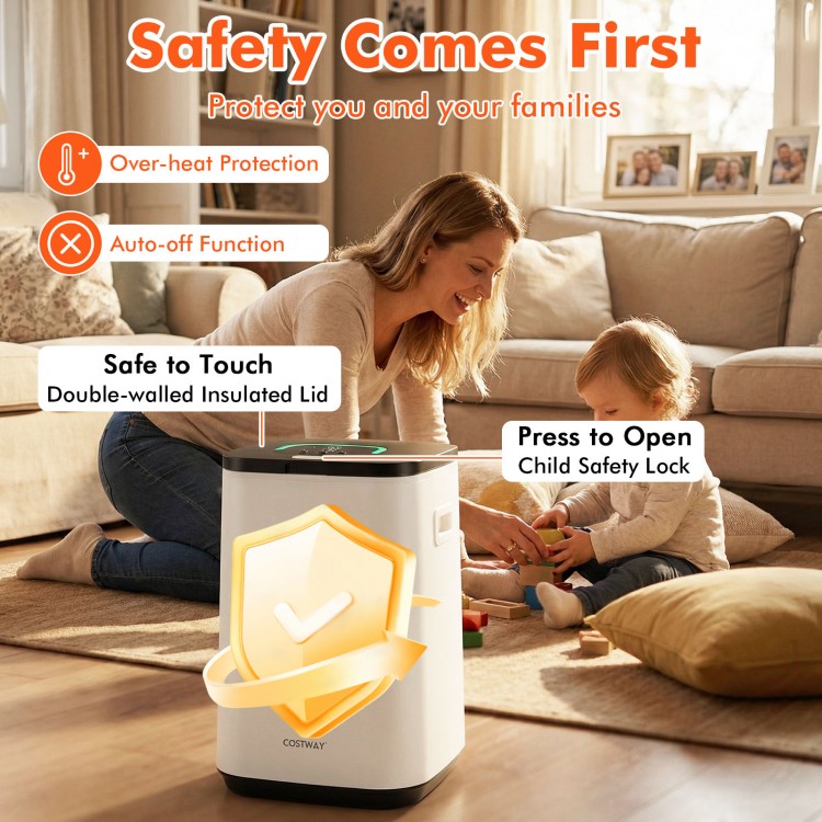 23L large hot towel heater with adjustable timer, double-walled insulated lid, and child safety lock for safe use.