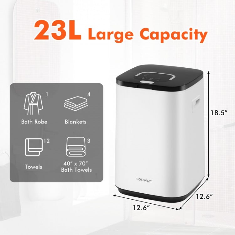 23L large hot towel heater in white with adjustable timer and rapid heating, perfect for warm towels and blankets.