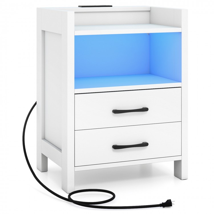 White nightstand with charging station, LED lighting, and two drawers for organized storage in a modern design.