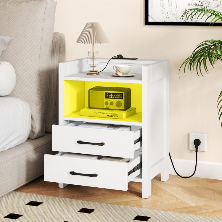 White nightstand with charging station, ambient LED lighting, and two drawers for organized storage in a modern living.