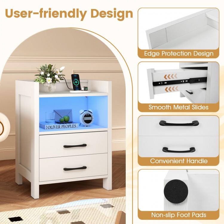 23.5-inch white nightstand with charging station, LED lighting, and two drawers for organized storage and modern design.