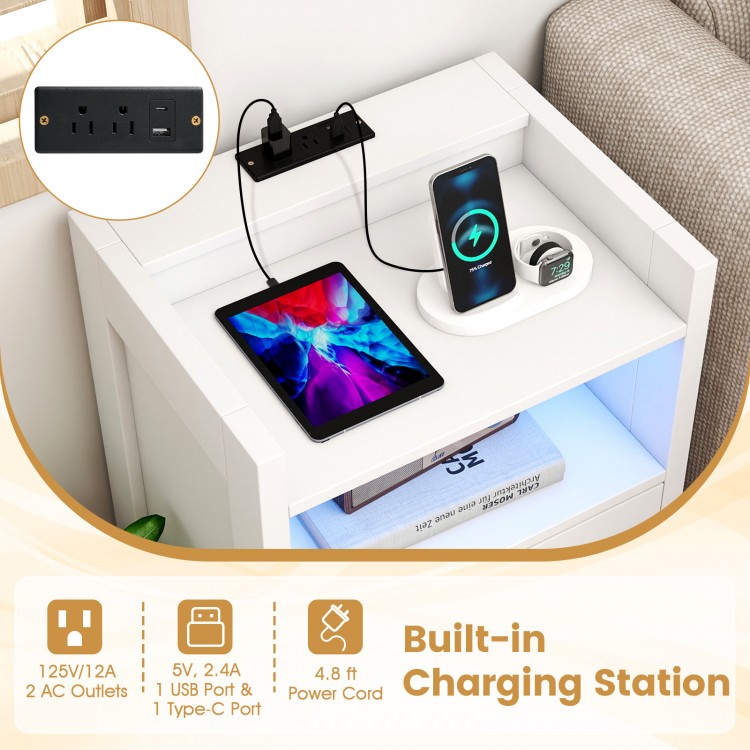 23.5-inch white nightstand with built-in charging station, open storage shelf, and ambient LED lighting for modern.