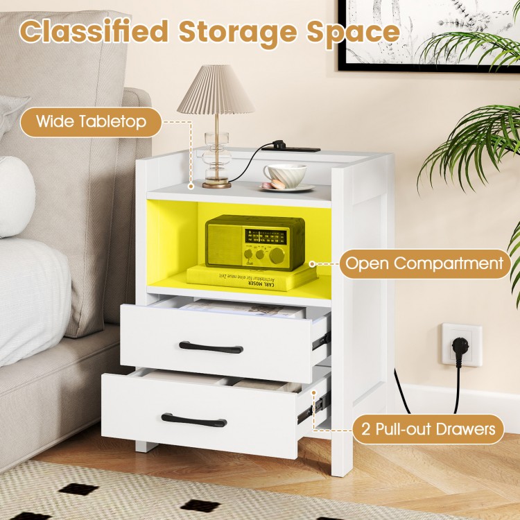 White nightstand featuring a wide tabletop, open storage shelf, and two pull-out drawers for organized storage.
