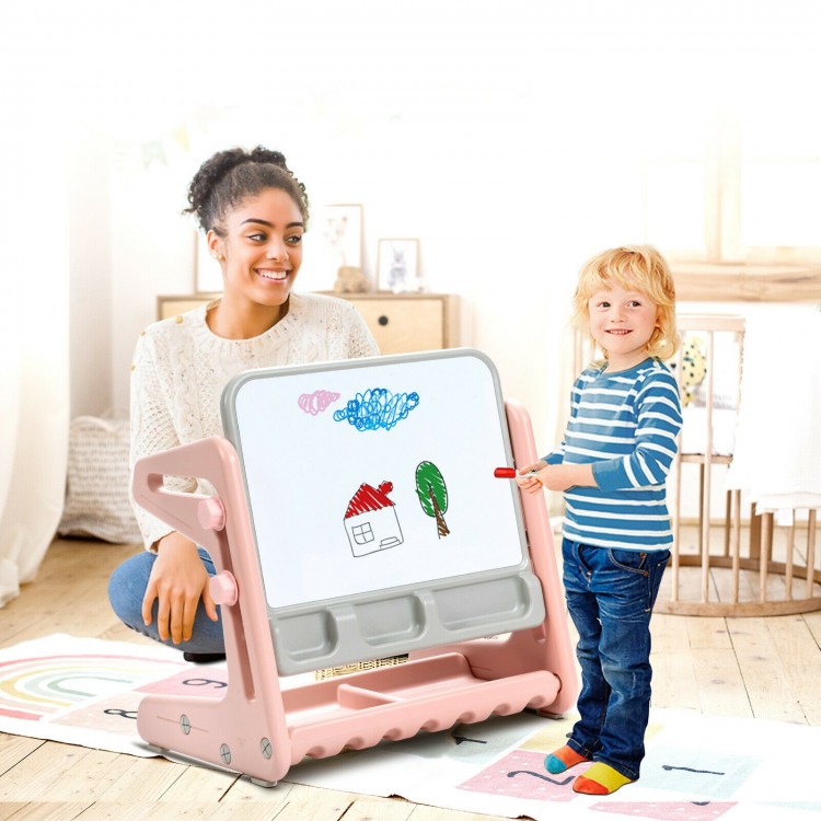Kids easel table and chair set in pink with adjustable art board, perfect for drawing, studying, and creative play.
